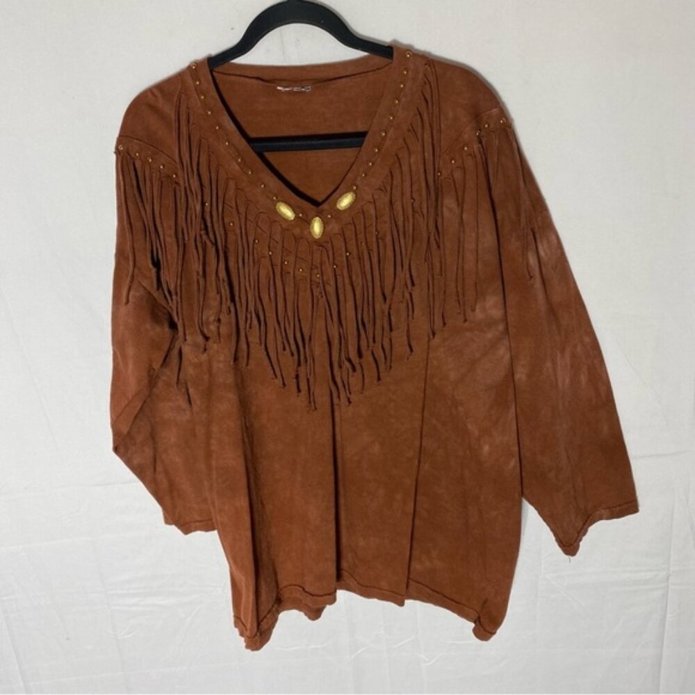 Vintage Oversized Rust Brick Red Stone Wash Western V Neck Shirt With Fringe XL